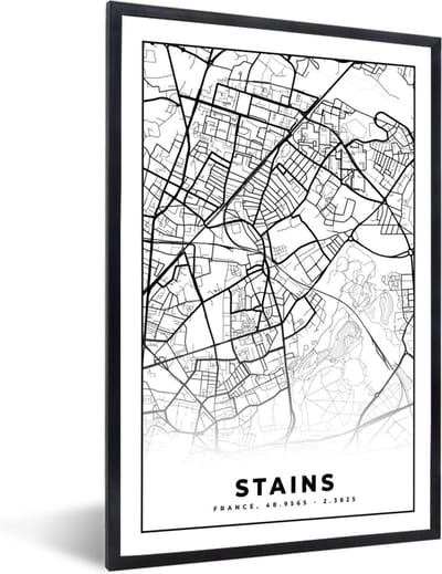 Fotolijst incl. Poster Zwart Wit- Stains - Stadskaart – Plattegrond – Kaart – Frankrijk - Zwart wit - 40x60 cm - Posterlijst