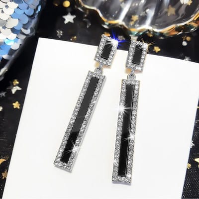 Nieuwe Mode Zwarte Kleur Emaille Rechthoek Hangende Oorbellen voor Vrouwen Geometrische Inleg Strass Lange Oor Bruiloftsfeest Sieraden gray