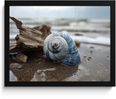 Poster in lijst - Fotolijst 40x30 cm - Posters - Schelp - Strand - Blauw - Zee - Posterlijst zwart - Decoratie - Wanddecoratie woonkamer - Muurdecoratie slaapkamer