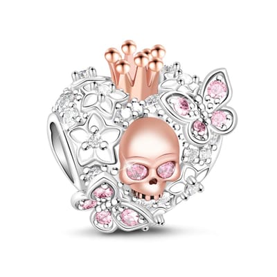 Fler® | Bedel | Past op populaire bedel armbanden (standaard-3mm) | armbandbedel | Koningin doodshoofd en vlinders | Halloween Charm | 925 Sterling Zilver | Heldere & Roze Zirkonia | Emaille | Roze | Kerstcadeau | Sinterklaas Cadeau | Valentijn kado