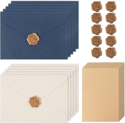 Vintage briefpapierset met enveloppen en waszegels, 35 stuks A5 briefpapier voor uitnodigingen, bruiloften en liefdesbrieven (blauw, wit)