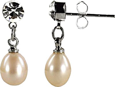 Zoetwater parel oorbellen Big Crystal Pearl Peach - Oorstekers - echte parels - zalm - stras stenen - sieraden zakje - parel oorbellen dames - parel oorknopjes