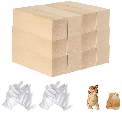 Dailygoods- Houtsnijblokken Set van 12 - Onbehandeld Lindehout - Ideaal voor Kinderen/Volwassenen - Doe-het-zelf Houtbewerking - Inclusief 2 Paar Witte Handschoenen - Glad Oppervlak - Snijhout