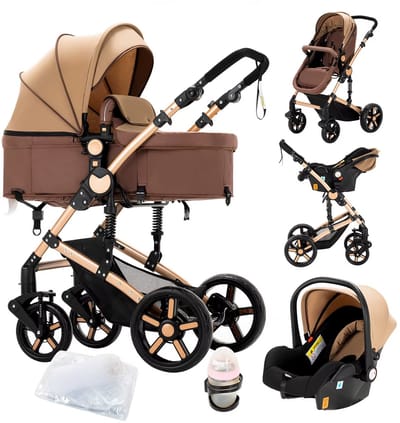 3-in-1 Kinderwagen met Autostoel en Reiswieg – Opvouwbaar – Verstelbare Rugleuning – Bruin / Beige
