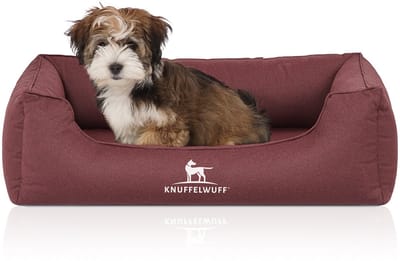 Knuffelwuff orthopedisch waterafstotend hondenbed Leon van velours met handgeweven karakter M-L 85 x 63cm rood