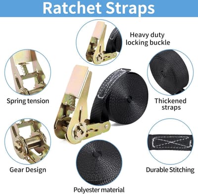 6 Pieces 2M-4M-5M Lashing Straps with Ratchet for Motorcycle & Bicycle- Black