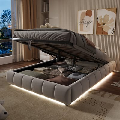 REDOM Opbergbed 140x200 cm – Flanel – Hydraulisch – LED-lichtstrip – Beige – 150 kg