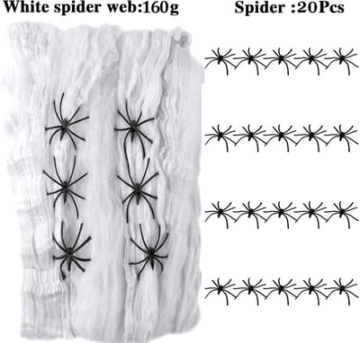 STAR&STER Halloween decoratief spinnenweb, spinnenwebdecoratie met 160 g spinnenweb en 20 spinnen, decoratie Halloween voor binnen tafeldecoratie Halloween, feest, deur en raam, carnaval, tuin,