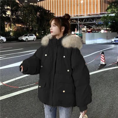 Manteau d'hiver coréen court en coton épais et ample pour étudiant, veste à grand col en fourrure XXL noir
