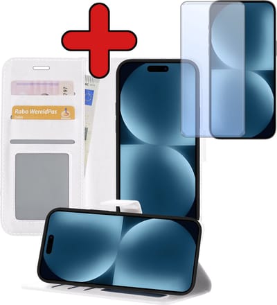 Hoesje - Met Screenprotector - Geschikt voor Apple iPhone 15 - Luxe Pasjeshouder - Flipcase - Bookcase Portemonee - Flip Case - Kunstleer Book Case - Book Cover - Walletcase - Portemonneehoes - Telefoonhoes - Wit