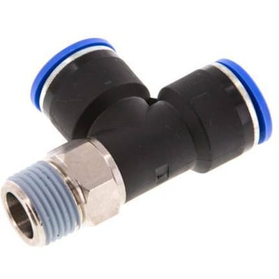 16mm x R1/2'' rechte hoek T-stuk Messing/PA 66 Insteekfitting Buitendraad Draaibaar NBR