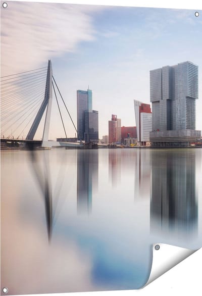 Gards Tuinposter Rotterdamse Skyline met de Erasmusbrug - 80x100 cm - Tuindoek - Tuindecoratie - Wanddecoratie buiten - Tuinschilderij