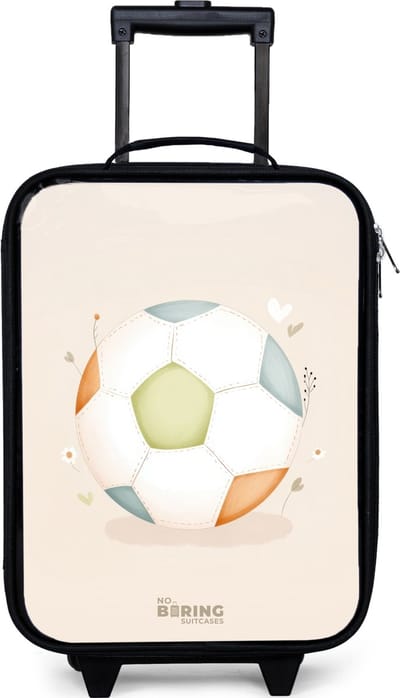 NoBoringSuitcases.com® - Kinderkoffer jongen - Kindertrolley meisje - Voetbal in beige pastel kleuren - Koffer kind lichtgewicht - Reiskoffer trolley voor kinderen - Koffertje met lichtgevende wieltjes - Rolkoffer zwart
