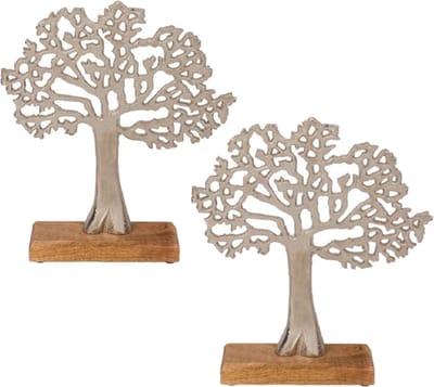Out of the blue Levensboom - 2x - aluminium - houten voet - 27 cm - Tree of life