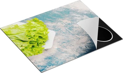 Chefcare Inductie Beschermer Groene Sla op een Blauwe Achtergrond - 65x50 cm - Afdekplaat Inductie - Kookplaat Beschermer - Inductie Mat
