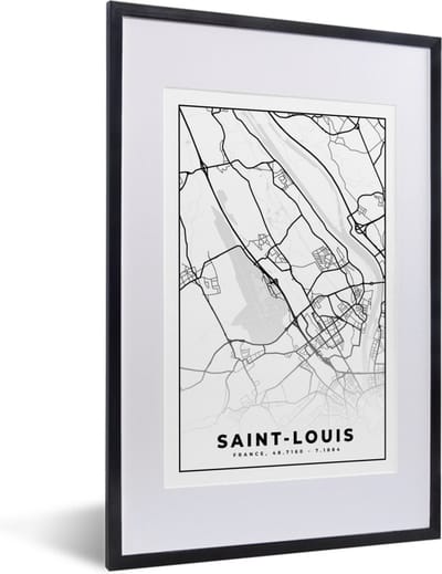 Fotolijst incl. Poster Zwart Wit- Stadskaart - Plattegrond - Saint-Louis - Kaart - Frankrijk - Zwart wit - 40x60 cm - Posterlijst