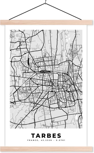 Posterhanger incl. Poster 40x60 cm - Schoolplaat - Frankrijk - Plattegrond - Kaart - Tarbes - Stadskaart - Textielposter - Blanke latten - Stadskaart
