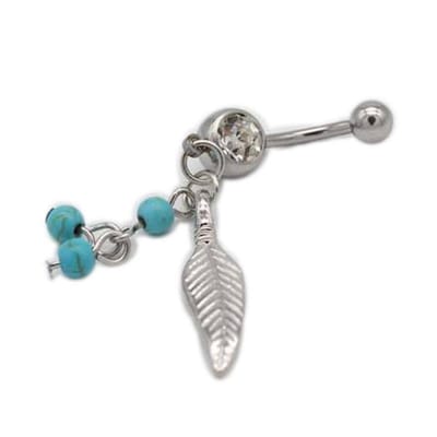 Aramat Jewels | Piercings | Stalen Navelpiercing Veertje - Turquoise Kraaltjes | | | |8mm | Staal | Volwassenen | Verkleurd niet
