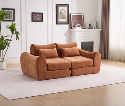 Multifunctionele chenille slaapbank – modulair en opvouwbaar ontwerp – 2 kussens en armleuningen – comfortabele 2-in-1 bank en bed – geschikt voor 2 personen – bank, chaise longue en logeerbed – ideaal voor appartement en kleine ruimtes – Oranje