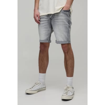 Skinny Stretch Zwaar Gebleekte Gescheurde Denim Shorts | Ice Grey | Size 28