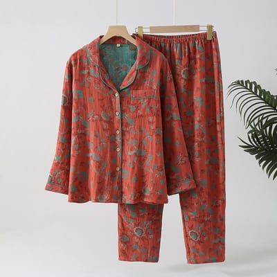 Katoen Winter Dames Pyjama Lange Mouwen Broek Dames Pyjama Pak Tweedelige Set Huiskleding Bloem Jacquard Nachtkleding XL brown