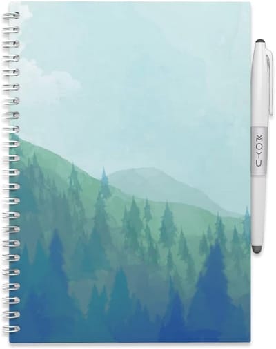 SnelShoppen - Erasable Notebook A5 Misty Mountain - Herbruikbaar tot 500x - Inclusief uitwisbare pen, penhouder en doekje - Milieuvriendelijk steenpap
