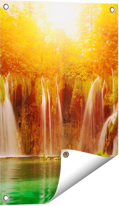 Gards Tuinposter Watervallen bij het Groene Meer met Zon - 40x60 cm - Tuindoek - Tuindecoratie - Wanddecoratie buiten - Tuinschilderij