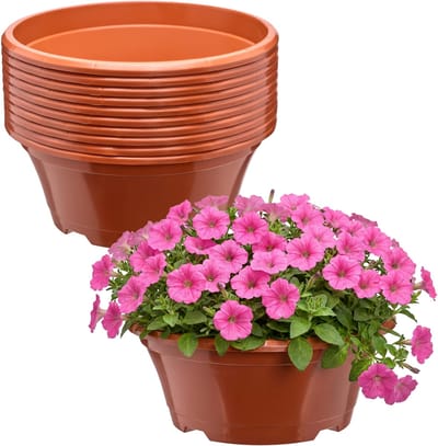 Garronda Set van 10 ronde kunststof plantenbakken met drainage (Terracotta, Ø22,5 x 9 cm – 2 L) GD-KW-B-Terracotta