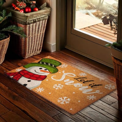 BRUBAKER Kerst Deurmat voor Buiten en Binnen - Let It Snow Sneeuwpop - 45 x 75 cm Inkommat van 100% Kokos - Waterbestendig, Vuilafstotend en Slipvast - Ideaal voor de Voordeur, Tuin en Terras