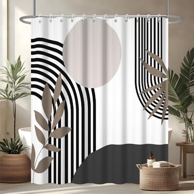 Douchegordijn, abstract, boho, douchegordijn, zwart lijnen, grijs, zon, geometrisch patroon, douchegordijn, schimmelwerend, waterdicht, polyester, wasbaar, met 12 haken, 180 x 200 cm