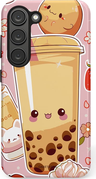 Casetastic Hoesje Geschikt voor Samsung S23 - Stijlvolle Beschermende Duo-layer Case - Kawaii Thee Design - Bubble Tea