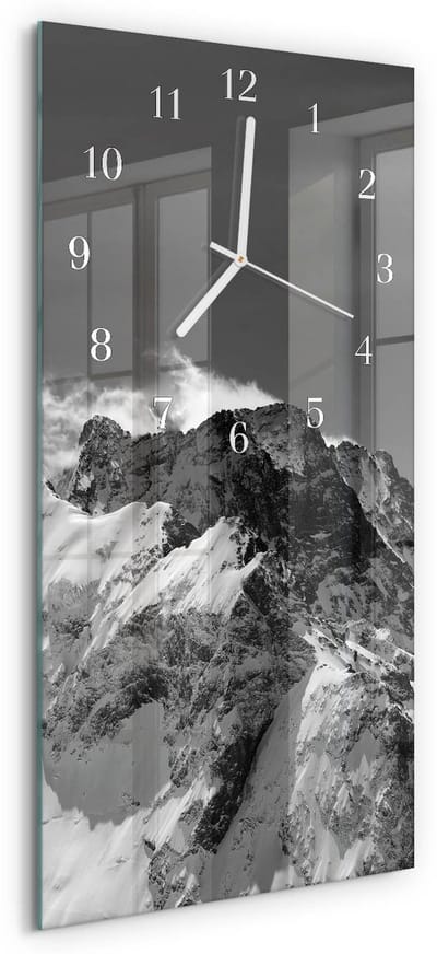 Tulup Wandklok - Berg Glazen Wandklok Design - 30x60 cm - Grijs Klok Glas Met Opdruk - Witte Handen - Rechthoekige Wandklok - Decoratieve Glazen Klok - Glazen Wandklok Design