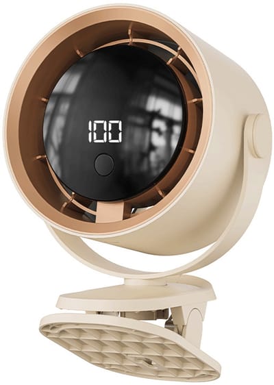 Ventilatoren-Professionele Clip-on Ventilator - 100 Snelheden - LED Display & Ophanghaak - Stille Tafelventilator voor Kinderwagen, Bureau en Camping - Beige