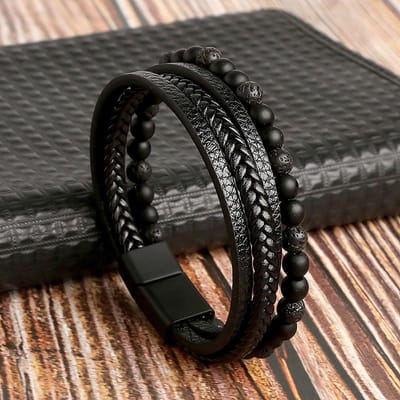 Fako Bijoux - Leren Armband - Leer - Kralen - Heren - Dames - Set - Magnetische Sluiting - 21cm - Zwart
