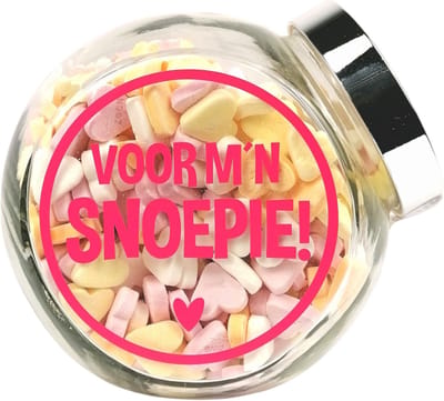 Valentijn Snoeppot, "voor m'n snoepie" - gevuld met snoephartjes, valentijn - liefde