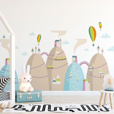 Scandinavische bergstickers met hoogvliegende heteluchtballonnen, 100 x 150 cm