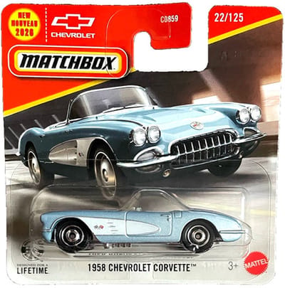 MATCHBOX 1958 CHEVROLET CORVETTE CABRIO VOLARE BLUE 22/125 METAL (1:64) SHORT CARD