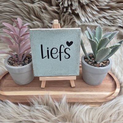 Robuust Wenstegeltje "Liefs" – Hip trendy tegeltje – Tegeltje met Spreuk – Wanddecoratie – Cadeau voor Nieuwe Woning, Housewarming of Gezinscadeau – Sfeervol en Persoonlijk - Vriend(in) – Trendy nu – Decoratief Tegeltje met Standaard – Cadeau Idee