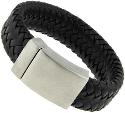 Brede Leren Heren Armband Bukovsky SL8870 - Zwart - 21 cm - Gevlochten Leder - Geborstelde Stalen Sluiting - Edelstaal