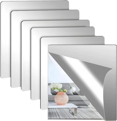 Flexibele Acryl Wandspiegels, 6 Stuks Zelfklevende Dikke Spiegels voor Badkamer en Slaapkamer, 20x20cm, Decoratieve Muurdecoratie
