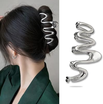 Grote Zilveren Haarclip Klem Golvend Design voor Dik en Dun Haar
