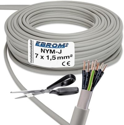 Installatiekabel NYM-J 7x1,5 mm² grijs per meter voor vaste installatie