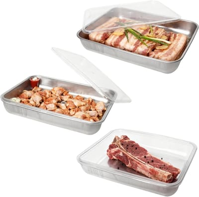 Set van 3 Bakkerscontainers met Deksel, RVS Bakplaat 25x20x5cm, Stapelbaar en Vaatwasserbestendig, Ideaal voor Paneren, Marineer en Opslaan van Voedsel