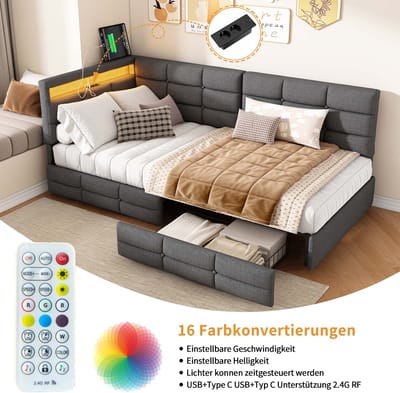 Gestoffeerde slaapbank van 90x200 cm - met ledverlichting en USB-poort - met 2 lades - eenpersoonsbed - tienerbed - grijs - linnen stof