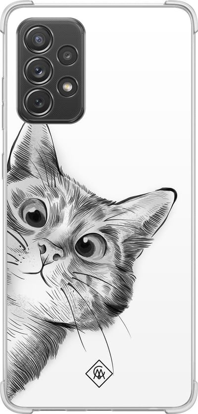 Casimoda® hoesje - Geschikt voor Samsung Galaxy A52 5G - Kat Kiekeboe - Shockproof case - Extra sterk - TPU/polycarbonaat - Grijs, Transparant