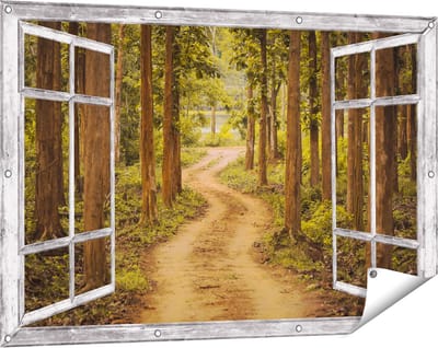 Gards Tuinposter Doorkijk Pad in het Bos met Bomen - 120x80 cm - Tuindoek - Tuindecoratie - Wanddecoratie buiten - Tuinschilderij