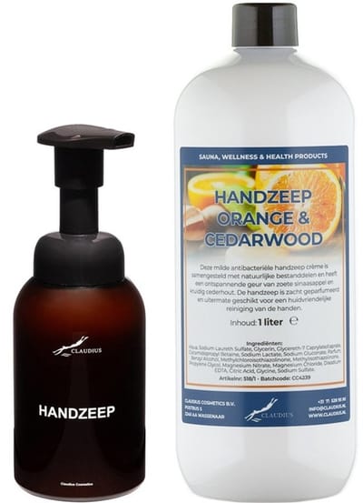 Zeepdispenser 300 ml amber bruin hervulbaar + 1 liter Handzeep Sweet Orange & Cedarwood navulling