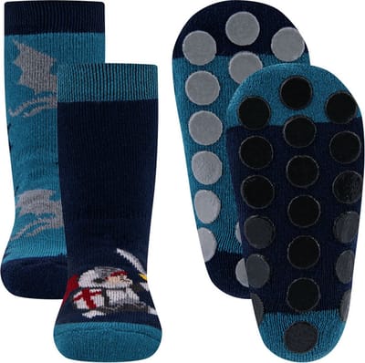 Ewers Antislipsokken - 2-PACK - Donkerblauw met Ridder & Staalblauw met Draken Blauw/Grijs - Siliconennoppen-19/22