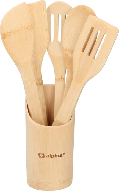 Keukengerei 5-delig 30 cm in houder naturel van bamboe - Pollepels - Spatels - Keukenspatels