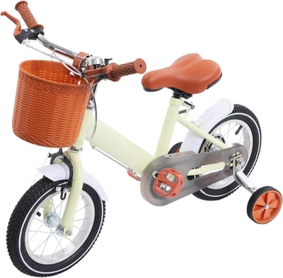 Cadeau-tip voor kinderen: 12 inch kinderfiets met steunwielen – in hoogte verstelbare leerfiets voor kinderen vanaf 2 jaar met mand & bel (geel)